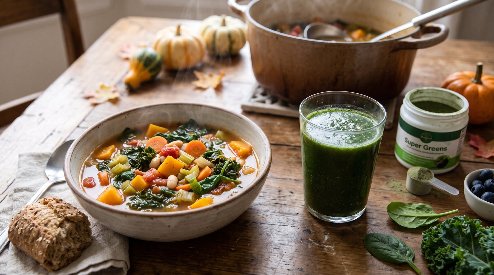 A  dining table set with a warm bowl of vegetable soup, crusty whole-grain bread, a glass of super greens drink, and autumn squash. 