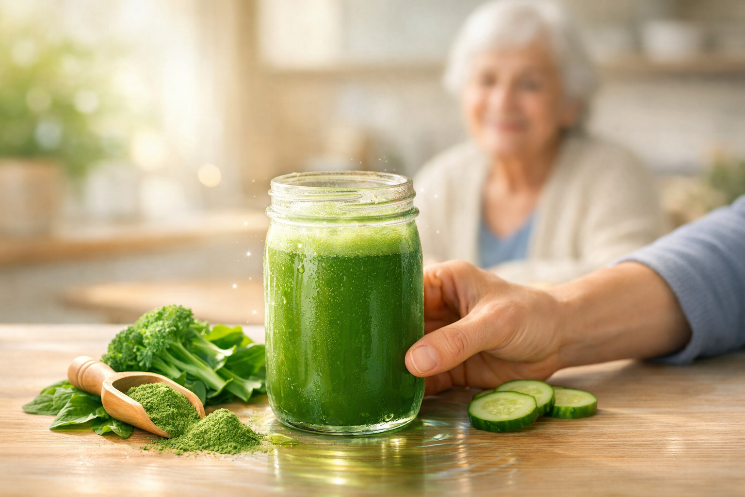 A close-up of a fresh green super greens drink in a mason jar on a wooden table, with a caregiver’s hand nearby, natural greens and powder accents, and a softly blurred senior person in the background.