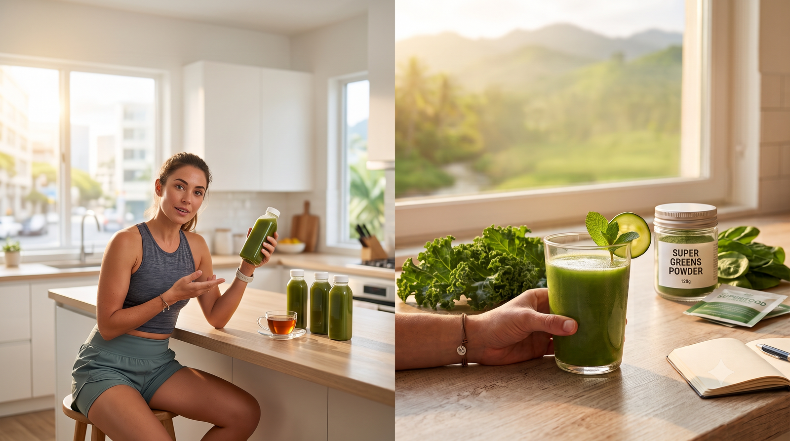 A split-screen image comparing a woman in workout attire holding a bottled juice cleanse in a kitchen on the left, and a close-up of a hand holding a fresh green smoothie beside a jar labeled "Super Greens Powder" on a sunlit wooden counter on the right
