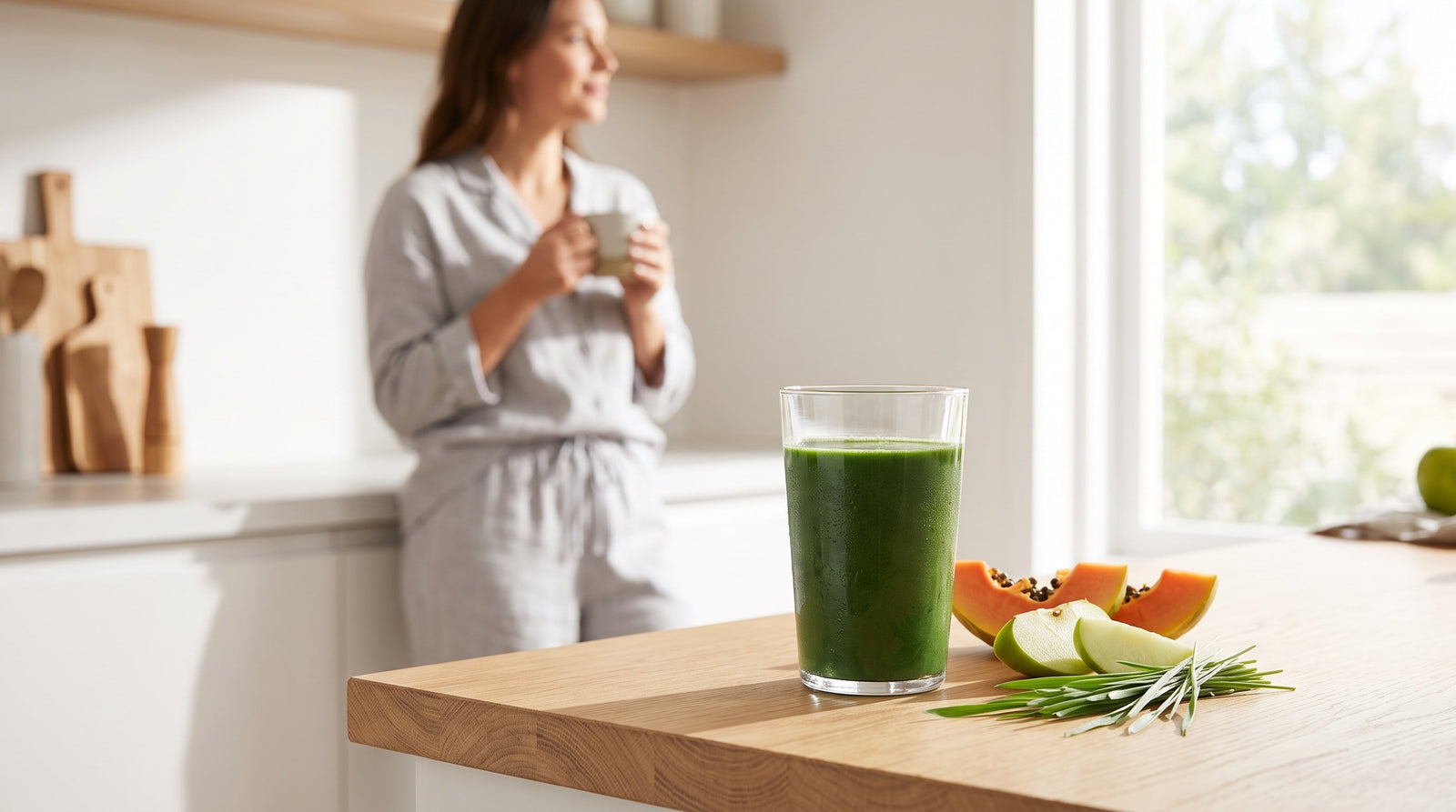 A chilled glass of green juice sits on a sunlit wooden kitchen counter alongside fresh papaya, sliced green apples, and wheatgrass, with a relaxed person in cozy loungewear resting in the soft-focus background.