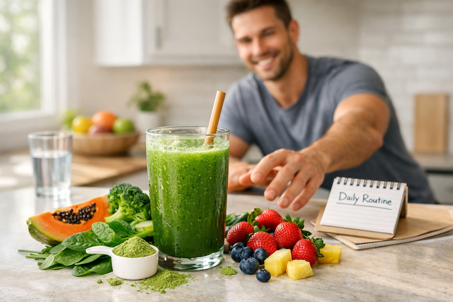 A super greens drink in a glass with a scoop of green powder, fresh spinach, broccoli, papaya, pineapple, strawberries, and blueberries on a kitchen counter, while a fit man smiles and reaches for the drink in the softly blurred background.