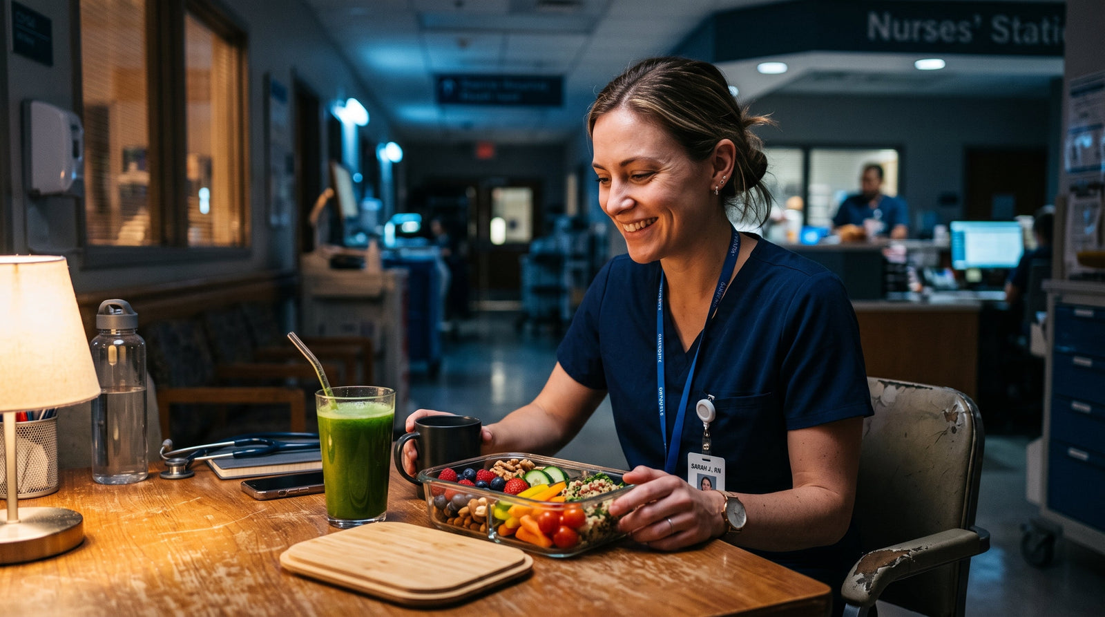 A smiling nurse in blue scrubs sits at a wooden desk, holding a mug and looking down at a glass meal prep container filled with fruits, vegetables, nuts, and grain, next to a glass of green juice with a straw.