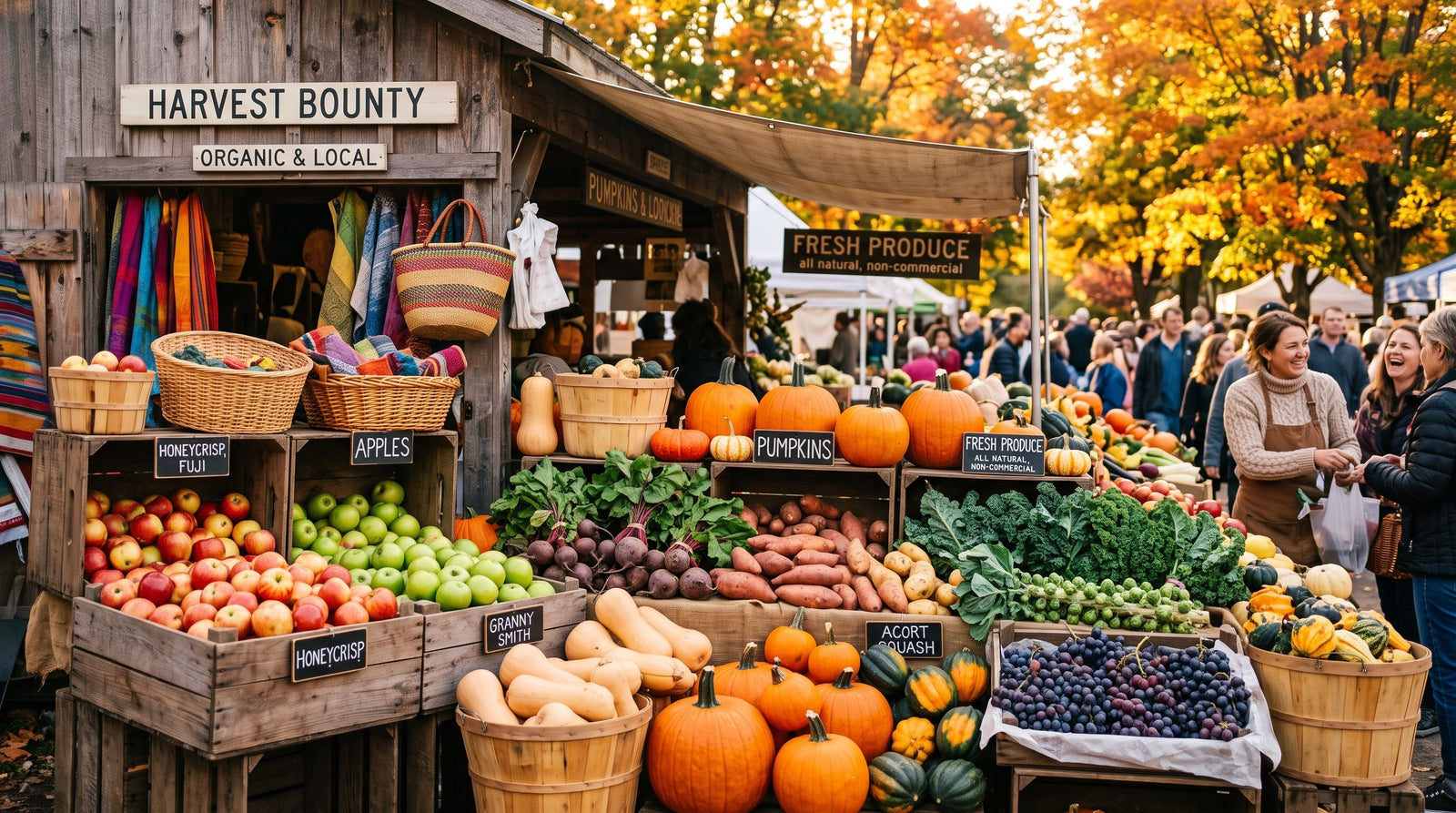A vibrant outdoor farmers market stall filled with autumn produce including pumpkins, butternut squash, crisp apples, dark leafy greens, sweet potatoes, and grapes.