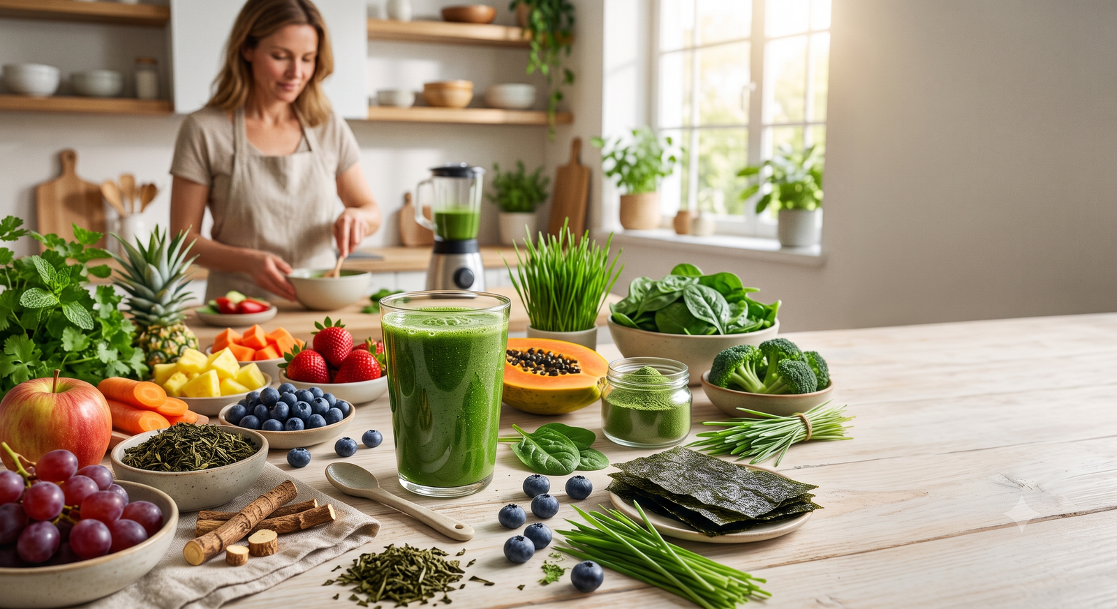 An extensive assortment of fresh fruits, vegetables and nori sheets arranged on a kitchen counter in the foreground, with a tall glass of green smoothie as the centerpiece, and a blurred woman in an apron preparing food in the background.