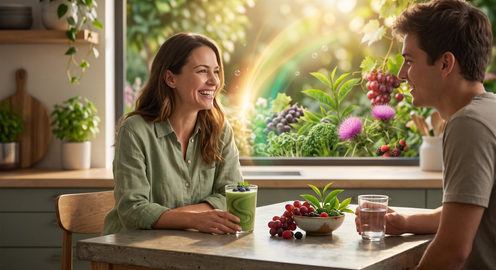 A woman sits in a sunlit kitchen enjoying a green smoothie alongside fresh polyphenolic fruits and botanical elements that highlight daily nutritional support.