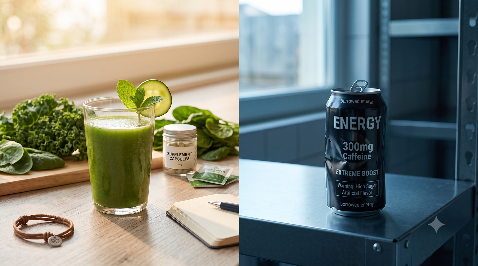 A side-by-side comparison showing a vibrant glass of green superfood smoothie with fresh spinach and kale on a bright wooden countertop next to a dented, black energy drink can on a cold metal shelf.