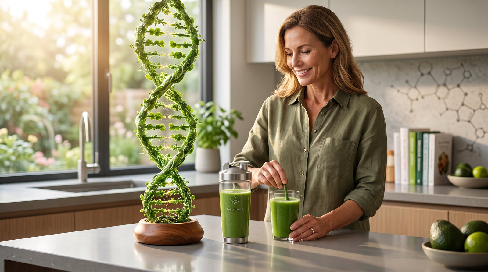 A smiling woman in a bright, modern kitchen pours a green superfood smoothie from a shaker bottle next to a glowing, plant-based DNA double helix sculpture.