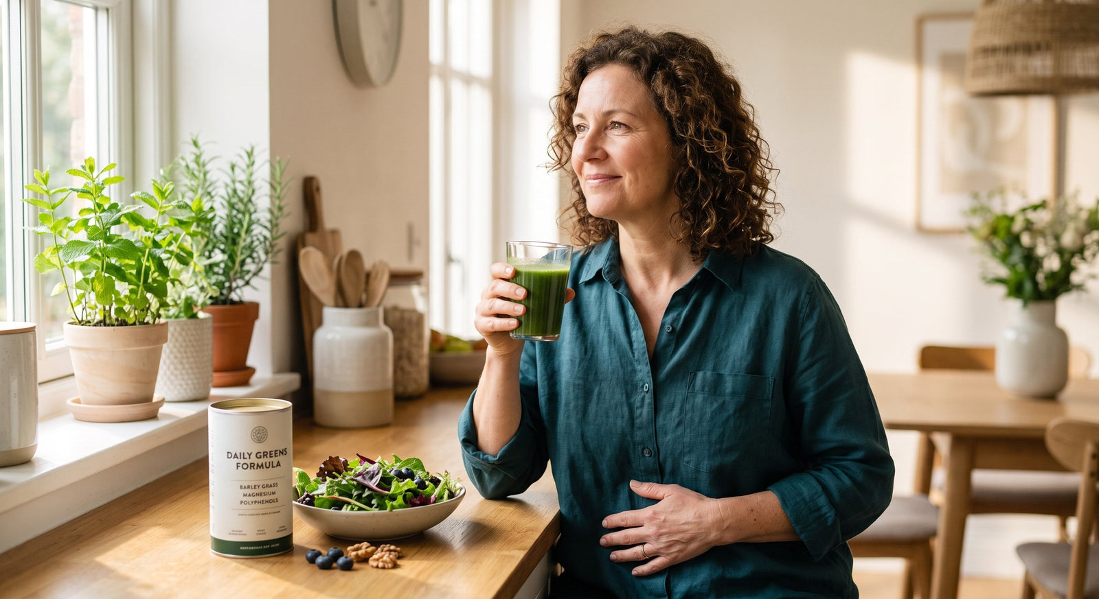 A serene woman sits in a sunlit kitchen enjoying a glass of green juice next to a fresh salad and a greens formula canister.