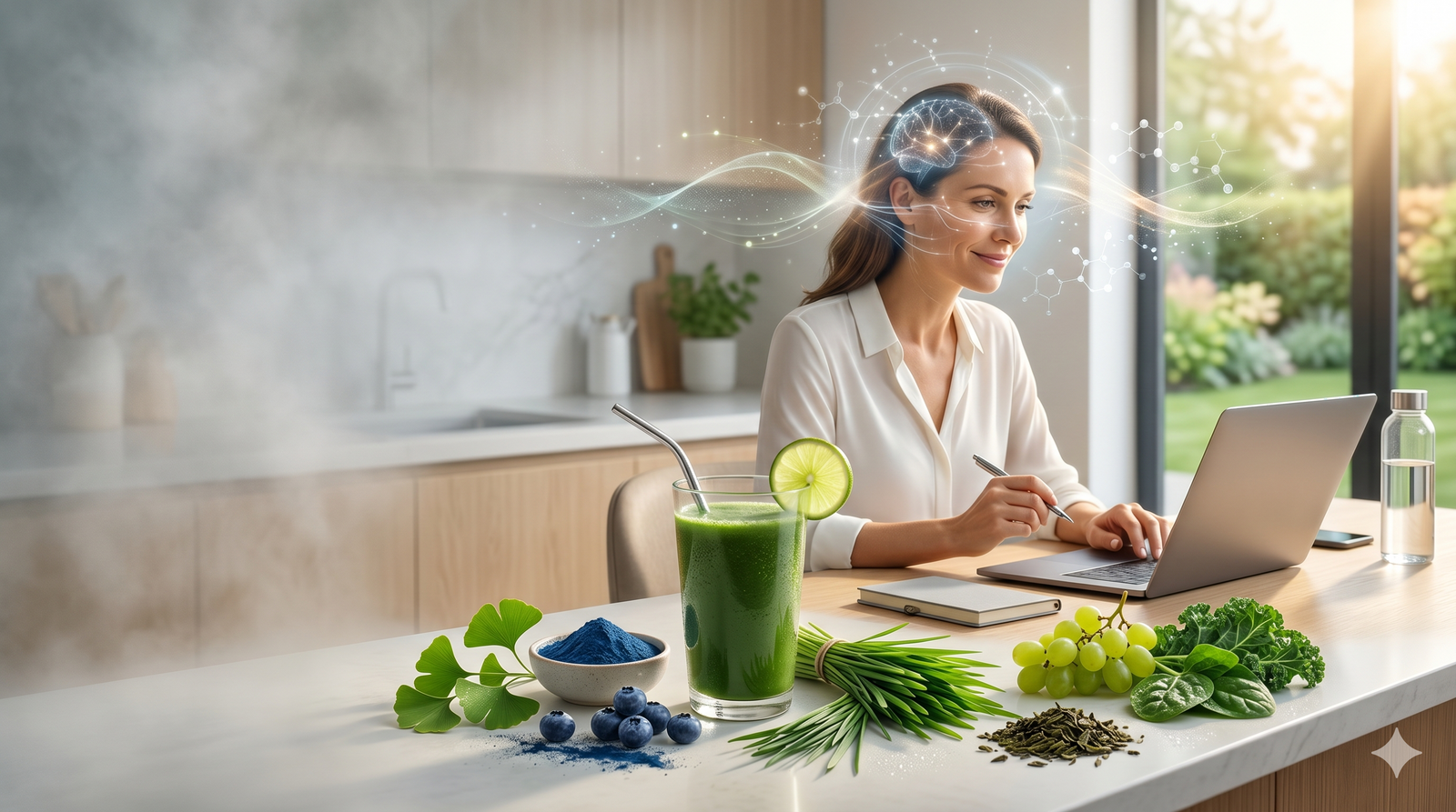 A focused professional works at a laptop beside a glass of super greens juice and fresh botanicals, with glowing neural pathways symbolizing the shift from morning brain fog to cognitive clarity.