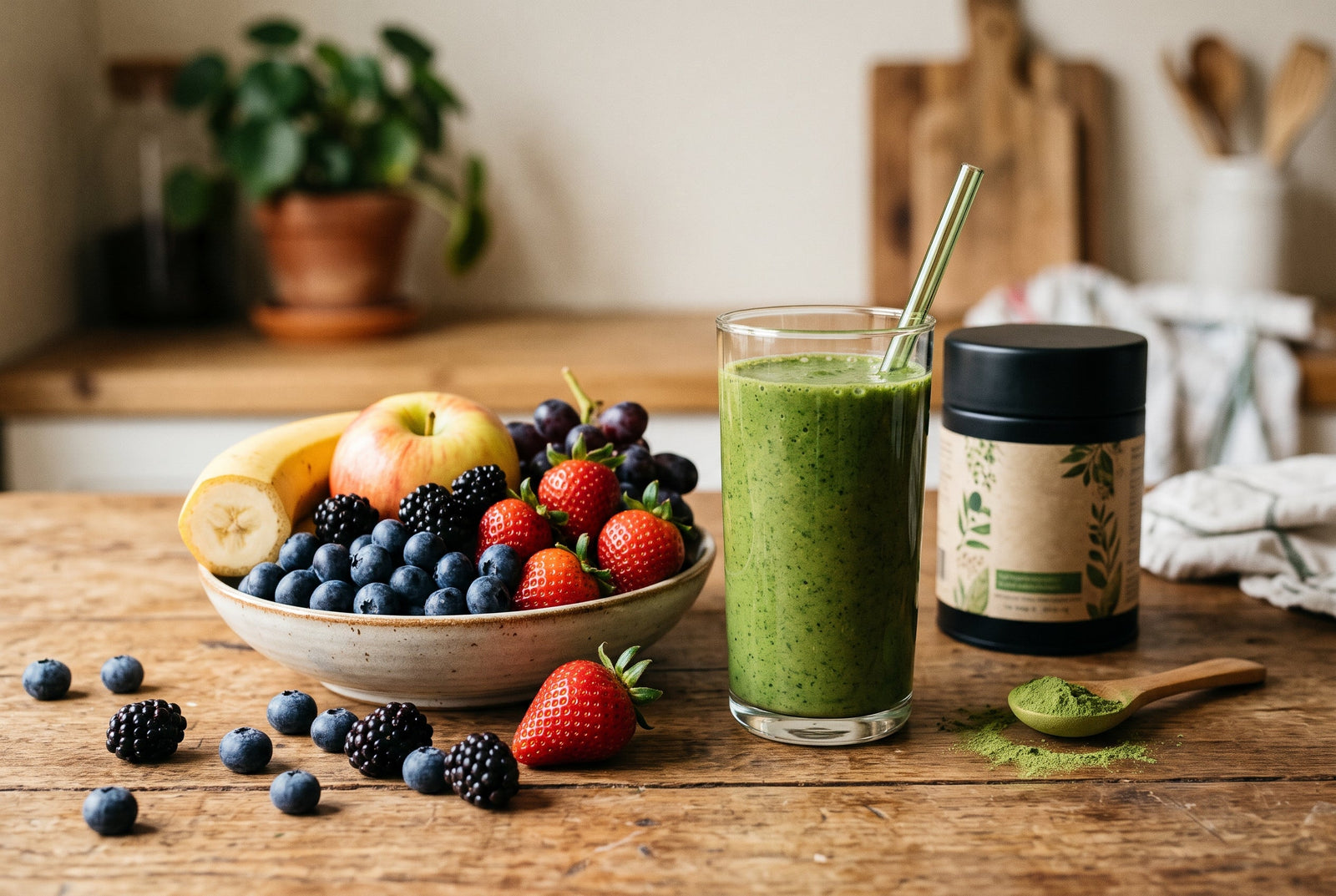 A  display of whole fresh fruits, including berries, a banana, and an apple, in a ceramic bowl sits on a rustic wooden table alongside a tall glass of green smoothie and a small spoonful of green powder.