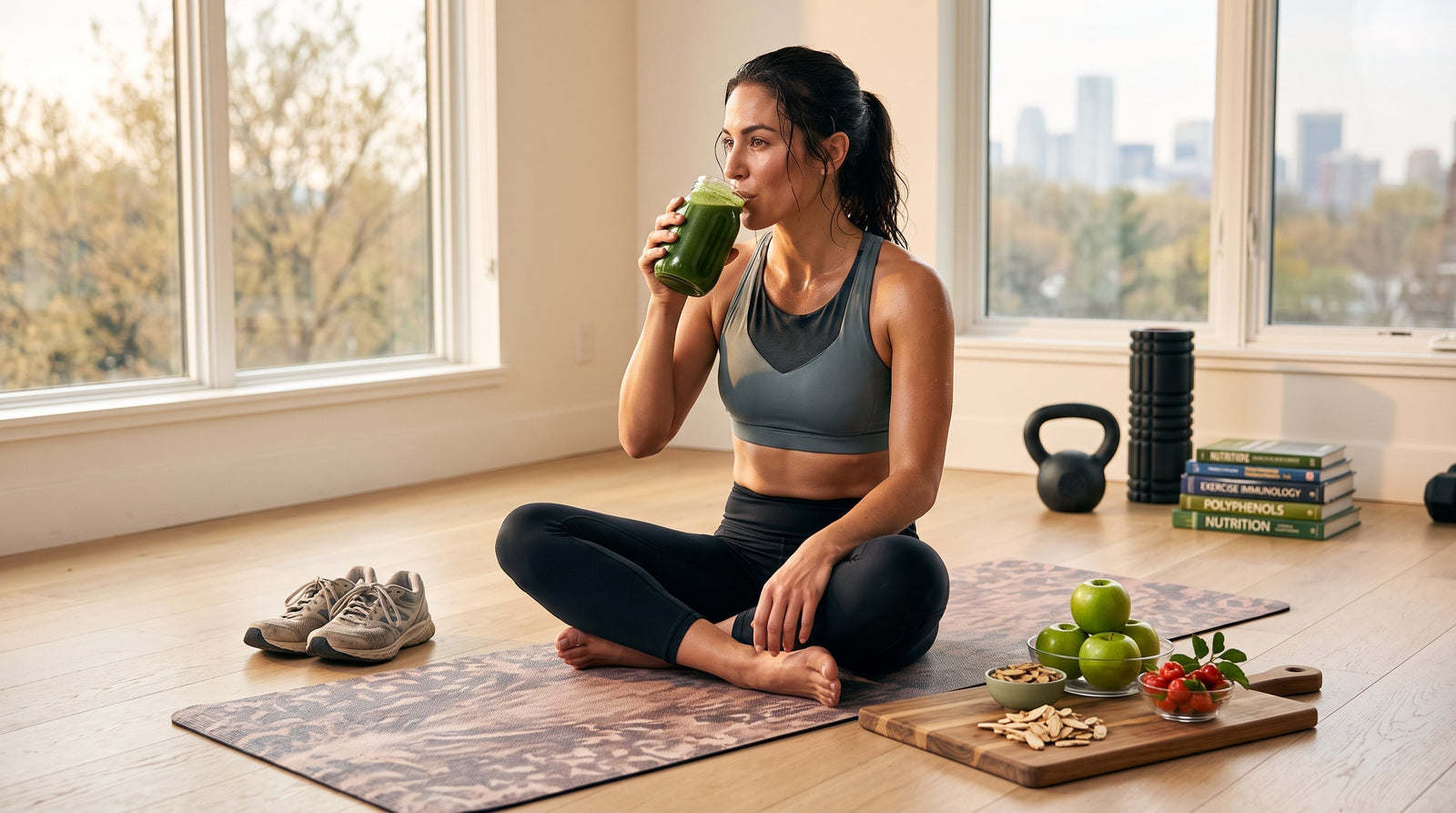 An athletic woman sits on a yoga mat post-workout, drinking a vibrant green smoothie surrounded by plant nutrition ingredients and workout gear.