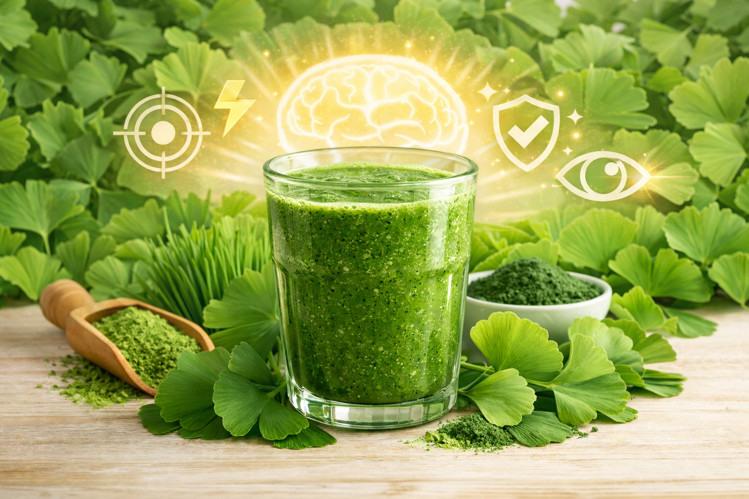 A green smoothie in a clear glass on a wooden surface is surrounded by ginkgo biloba leaves and green superfood powders, with glowing brain and health icons.