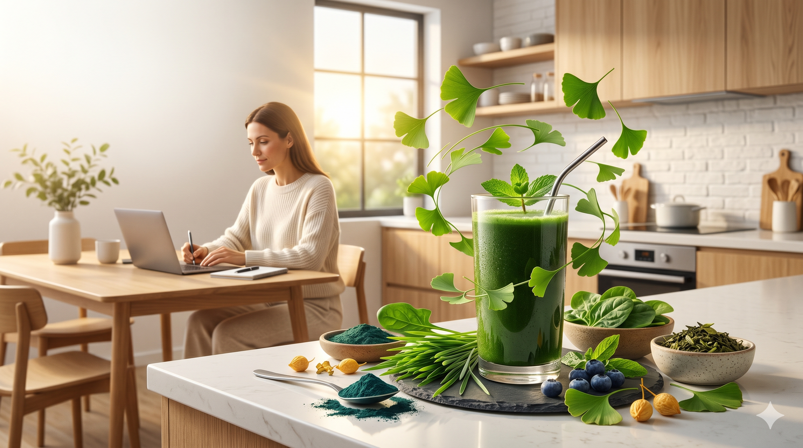 A glass of greens juice sits on a modern kitchen counter surrounded by fresh ingredients like blueberries and spirulina, while a professional works calmly in the background under soft morning light.