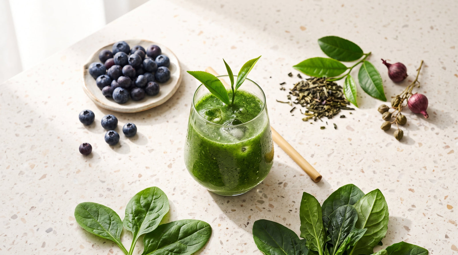 A glass of chilled green juice sits on a light stone countertop surrounded by fresh blueberries, green tea leaves, spinach, and quercetin-rich botanicals bathed in soft morning sunlight.