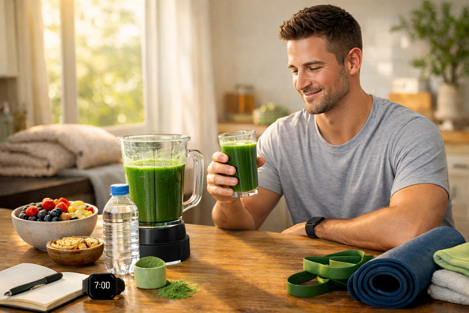A fit man sitting at a wooden kitchen table, holding a glass of super greens juice from a blender, surrounded by a bowl of berries and oats, a water bottle, yoga mat, resistance bands, journal, smartwatch and morning sunlight streaming through a window.
