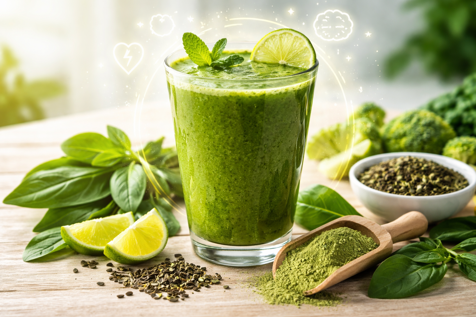 A glass of green smoothie sits on a wooden surface surrounded by fresh leaves, lime wedges, a scoop of green tea powder and a bowl of dried green tea leaves.