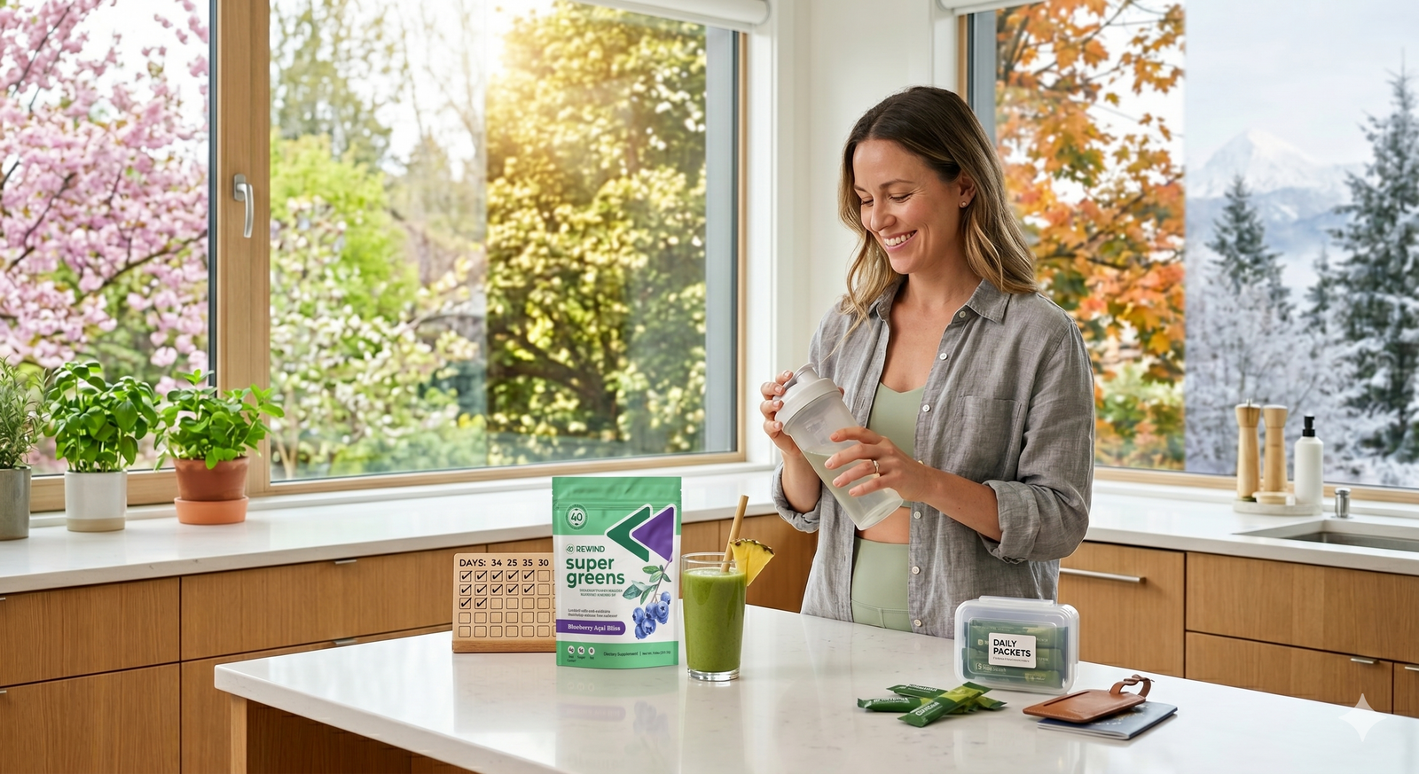 A smiling woman stands in a bright kitchen holding a shaker bottle next to a bag of Rewind Super Greens, wellness accessories, and a panoramic window displaying views of all four seasons.