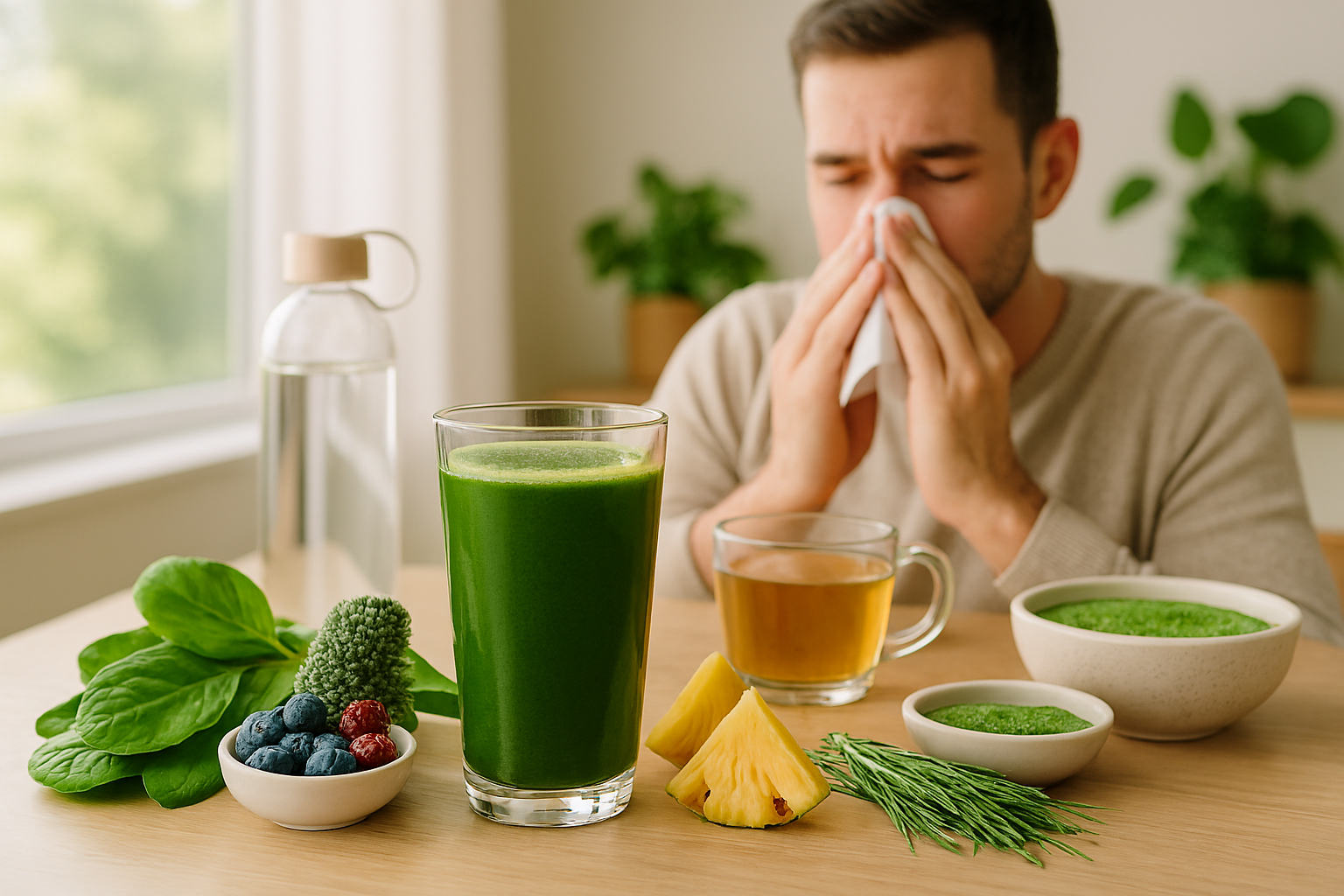 A glass of greens drink, surrounded by leafy greens and fruits with a man in the background is blowing his nose.
