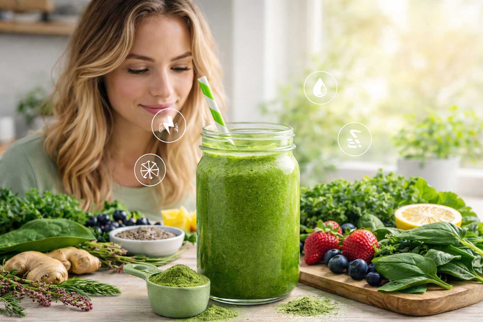 A woman looks at a super greens powder drink in a mason jar on a wooden countertop, surrounded by fresh fruits, leafy greens, herbs, and a scoop of green powder, with soft morning light and subtle wellness icons in the background.