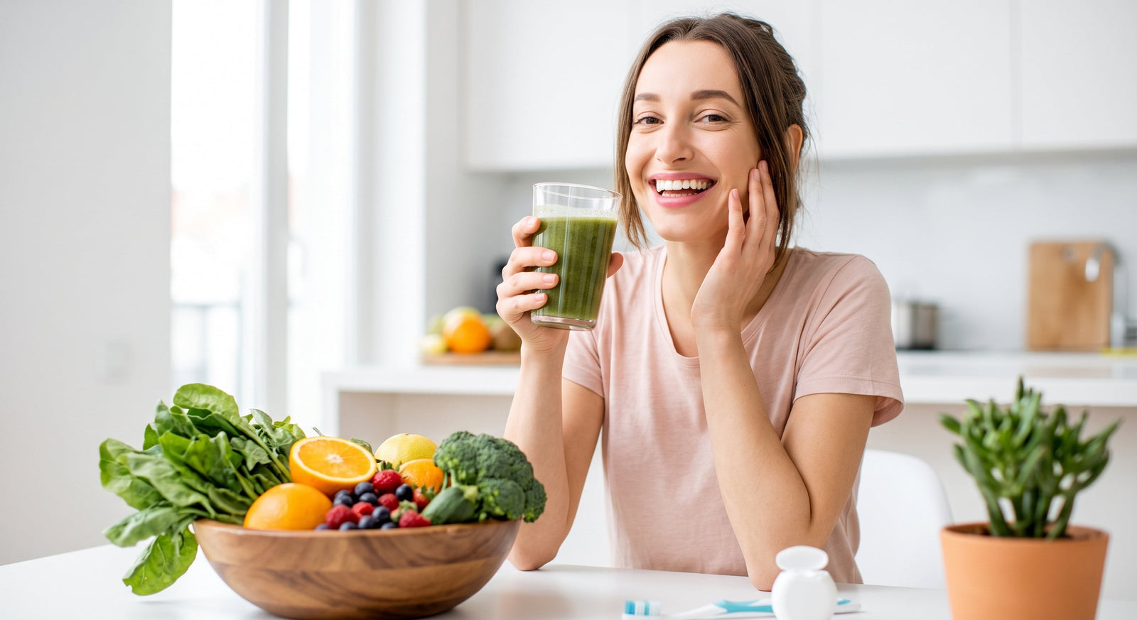 A smiling woman holds a glass of green smoothie in her kitchen, sitting at a table with a bowl of fresh fruits and vegetables and dental hygiene products.