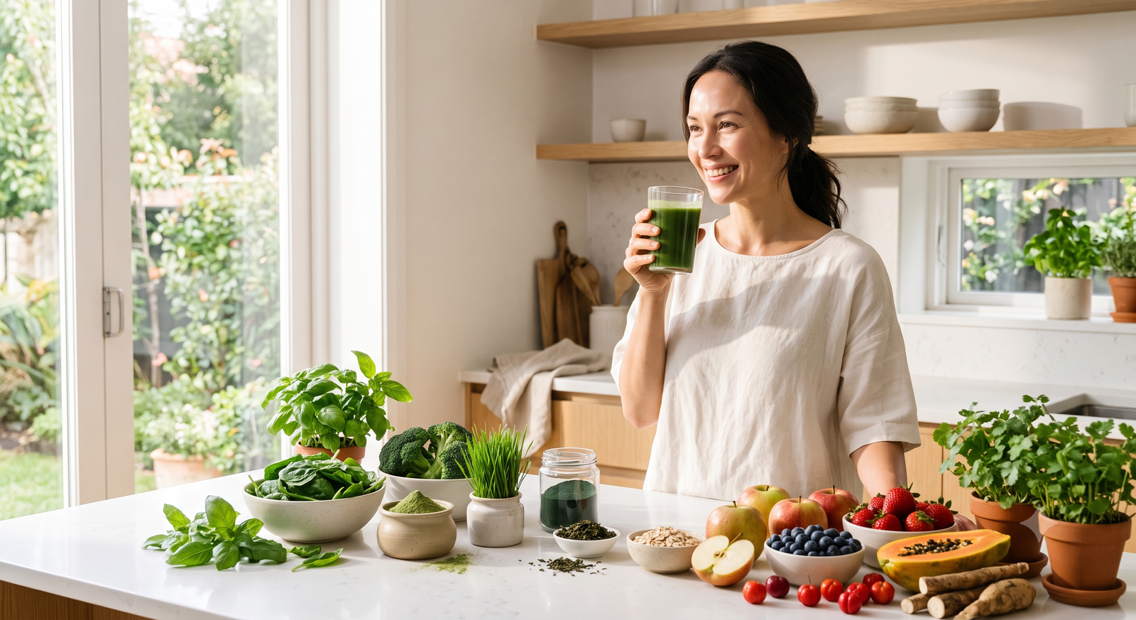 A smiling woman in a bright kitchen is holding a glass with a green drink. In front of her, the table is filled with fresh greens and various fruits and vegetables.