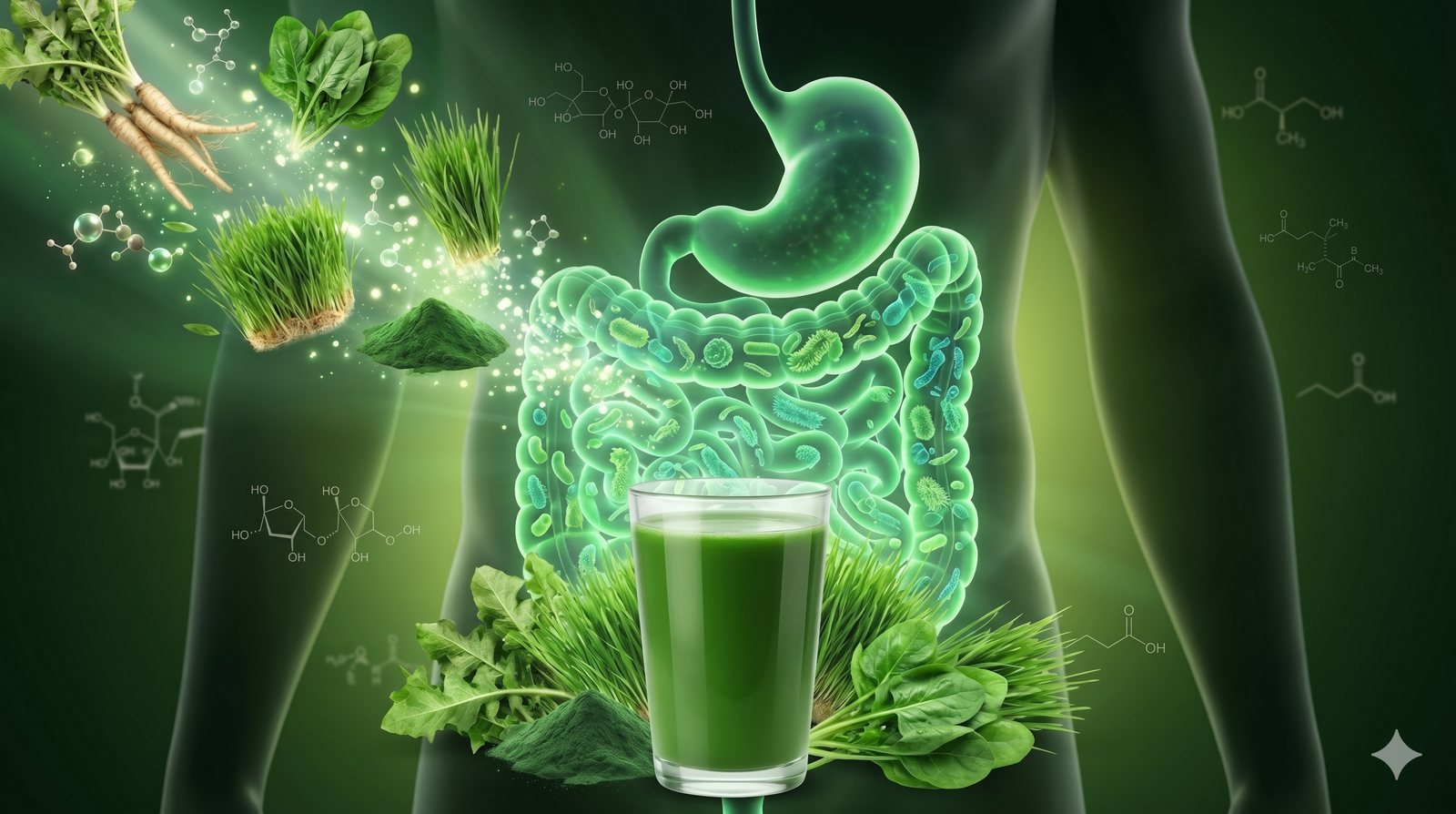 A wellness illustration featuring a 3D glowing human digestive system integrated with a glass of green superfood drink and fresh prebiotic ingredients like wheatgrass and chicory root.
