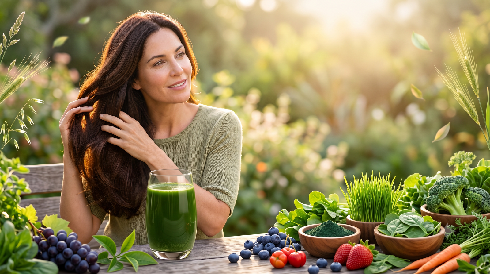 A smiling woman with thick, vibrant hair runs her fingers through it outdoors, seated at a wooden table arranged with fresh superfood ingredients, berries, and a tall glass of green juice.