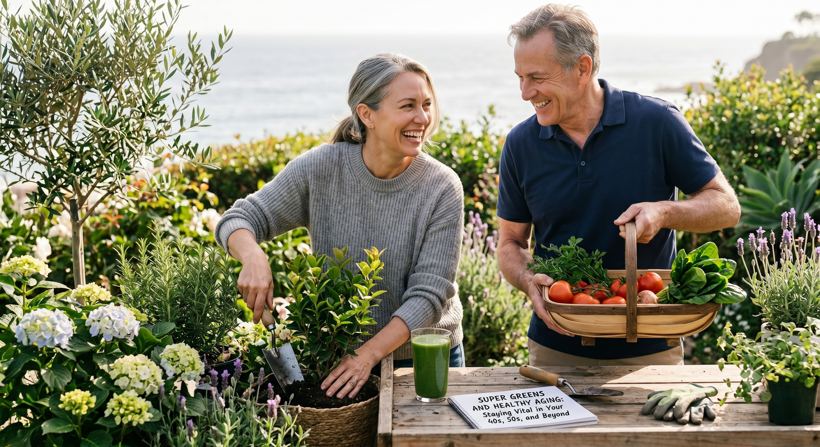 An active, smiling middle-aged couple enjoys gardening together on a sunlit terrace overlooking the ocean, with a fresh green smoothie and a basket of vibrant, homegrown produce nearby.