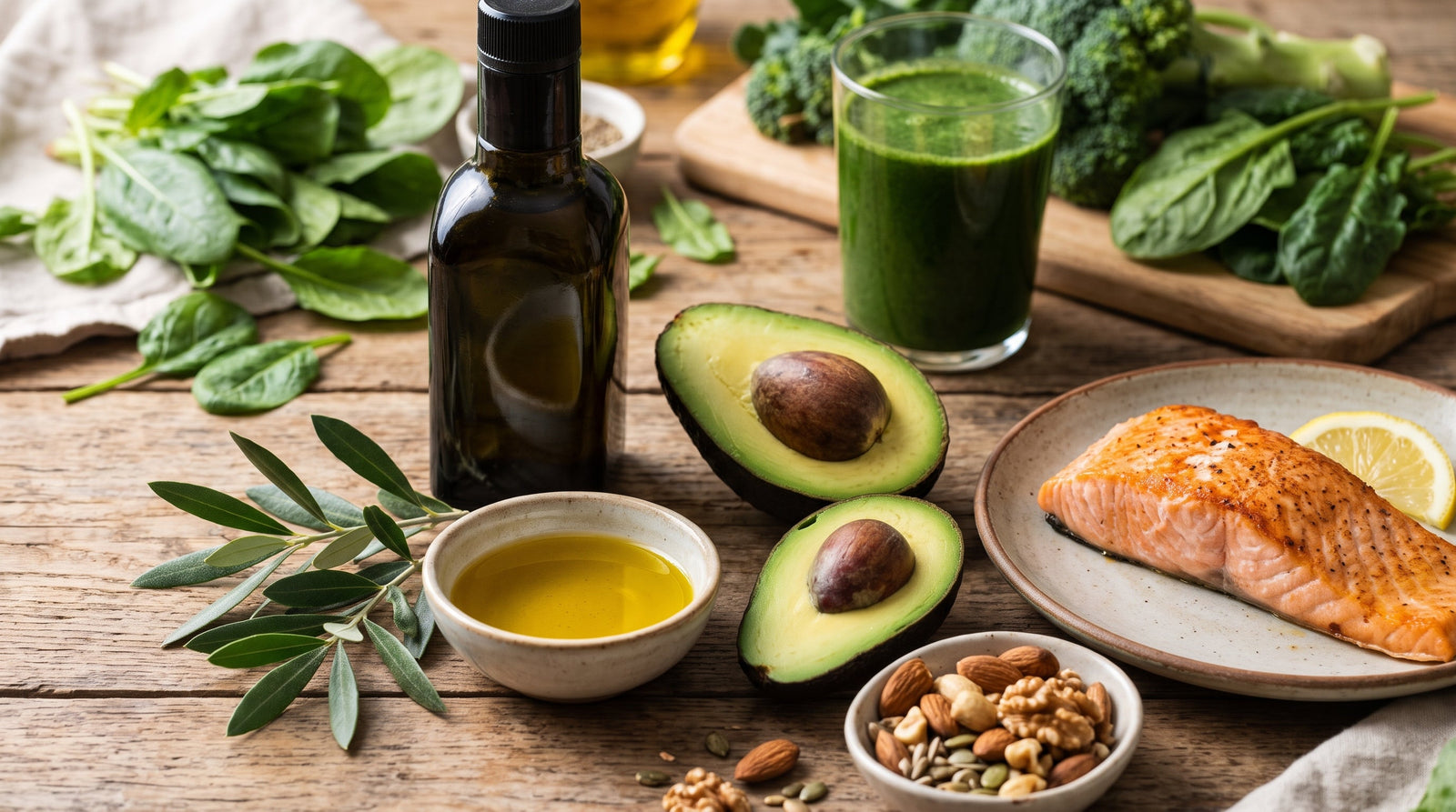 A table is filled with a bottle and bowl of olive oil, sliced avocados, nuts and seeds, a cooked salmon fillet with lemon, and fresh spinach and broccoli alongside a glass of green juice.