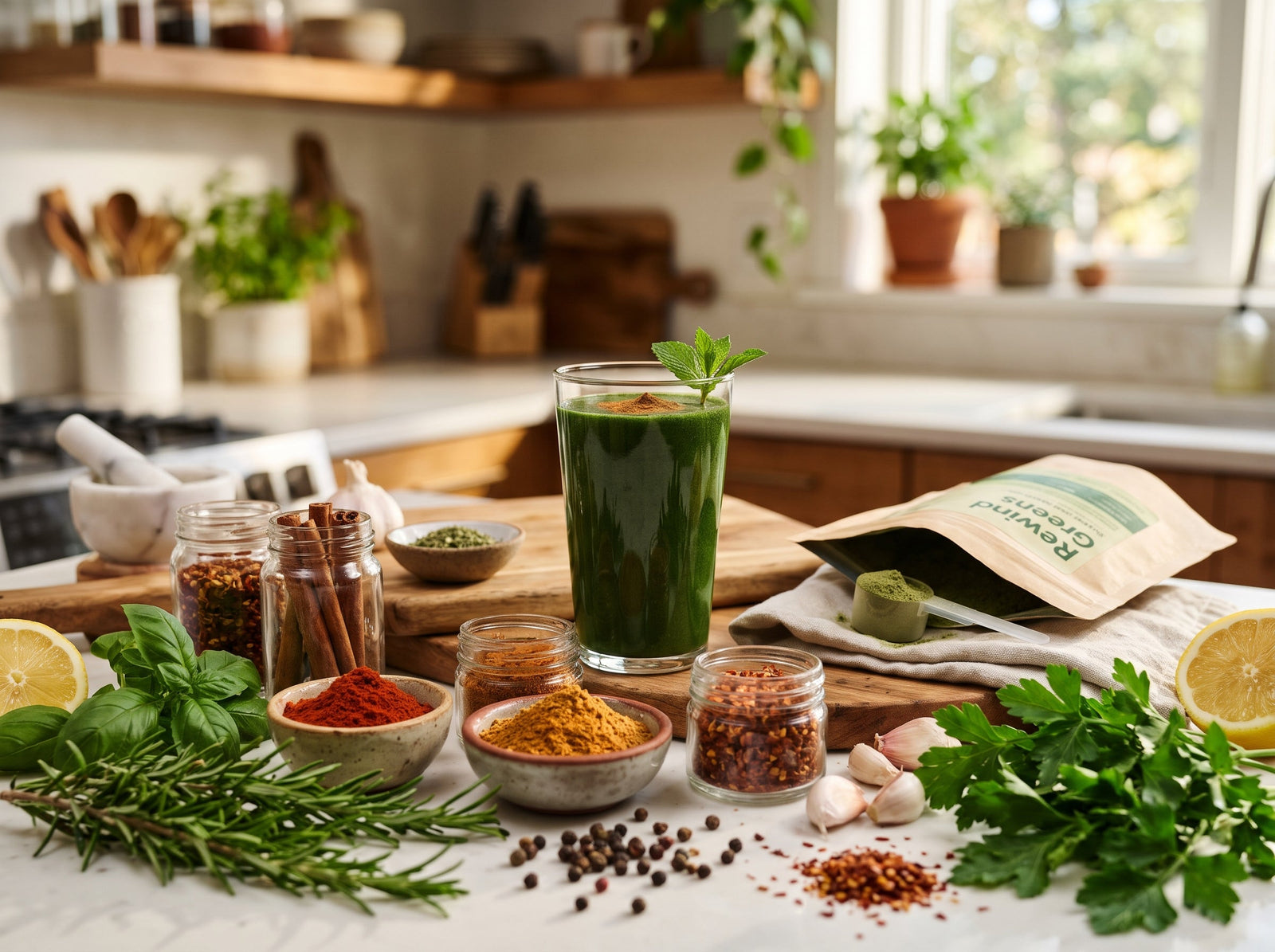 A bright, sunlit kitchen counter featuring a green super greens smoothie, a pouch of greens powder, and an assortment of fresh herbs, spices, lemons, and garlic.