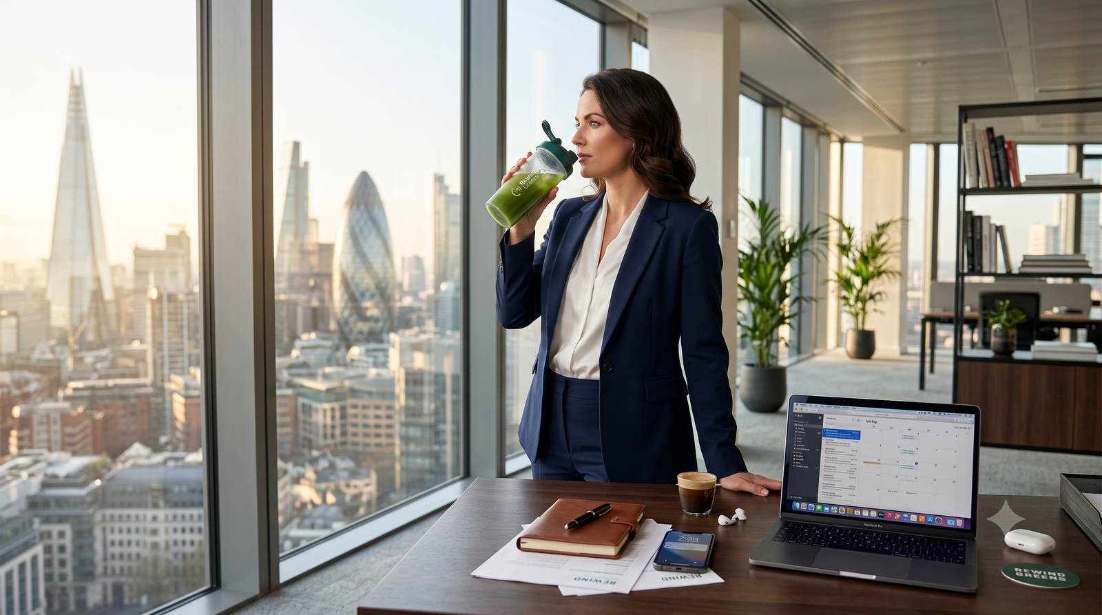 A professional woman in a navy suit drinks a green smoothie in a high-rise London office, overlooking the city skyline at sunrise.