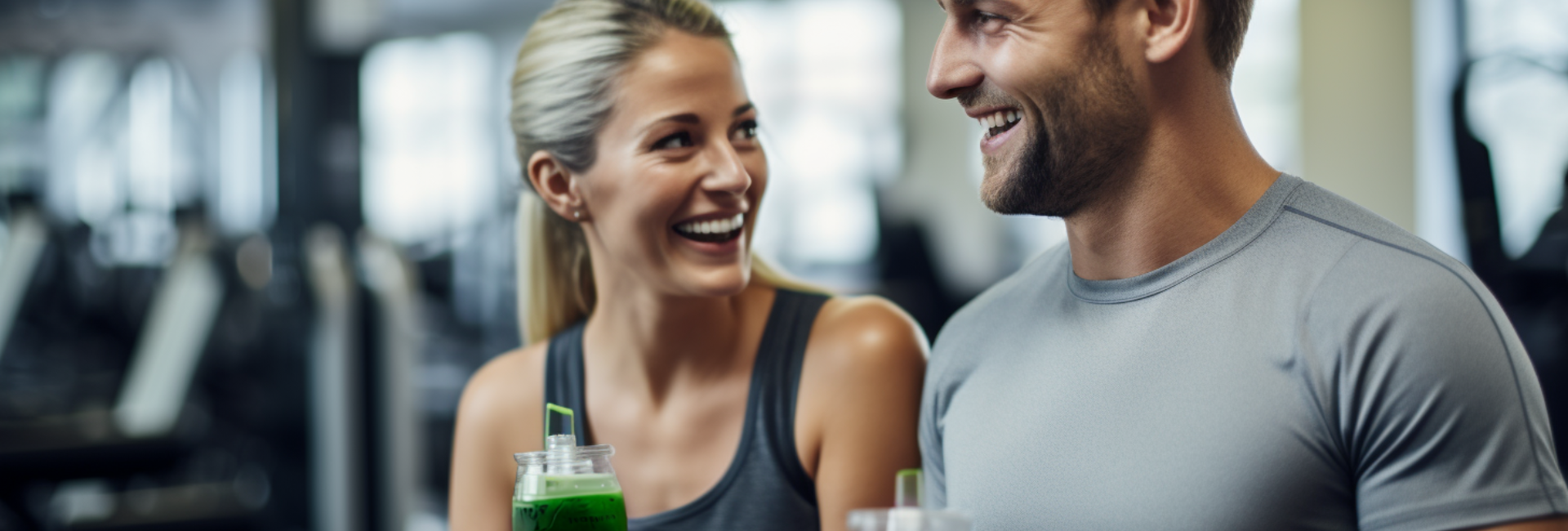 A couple getting ready for their workout session in the gym, energizing themselves with a refreshing greens drink.