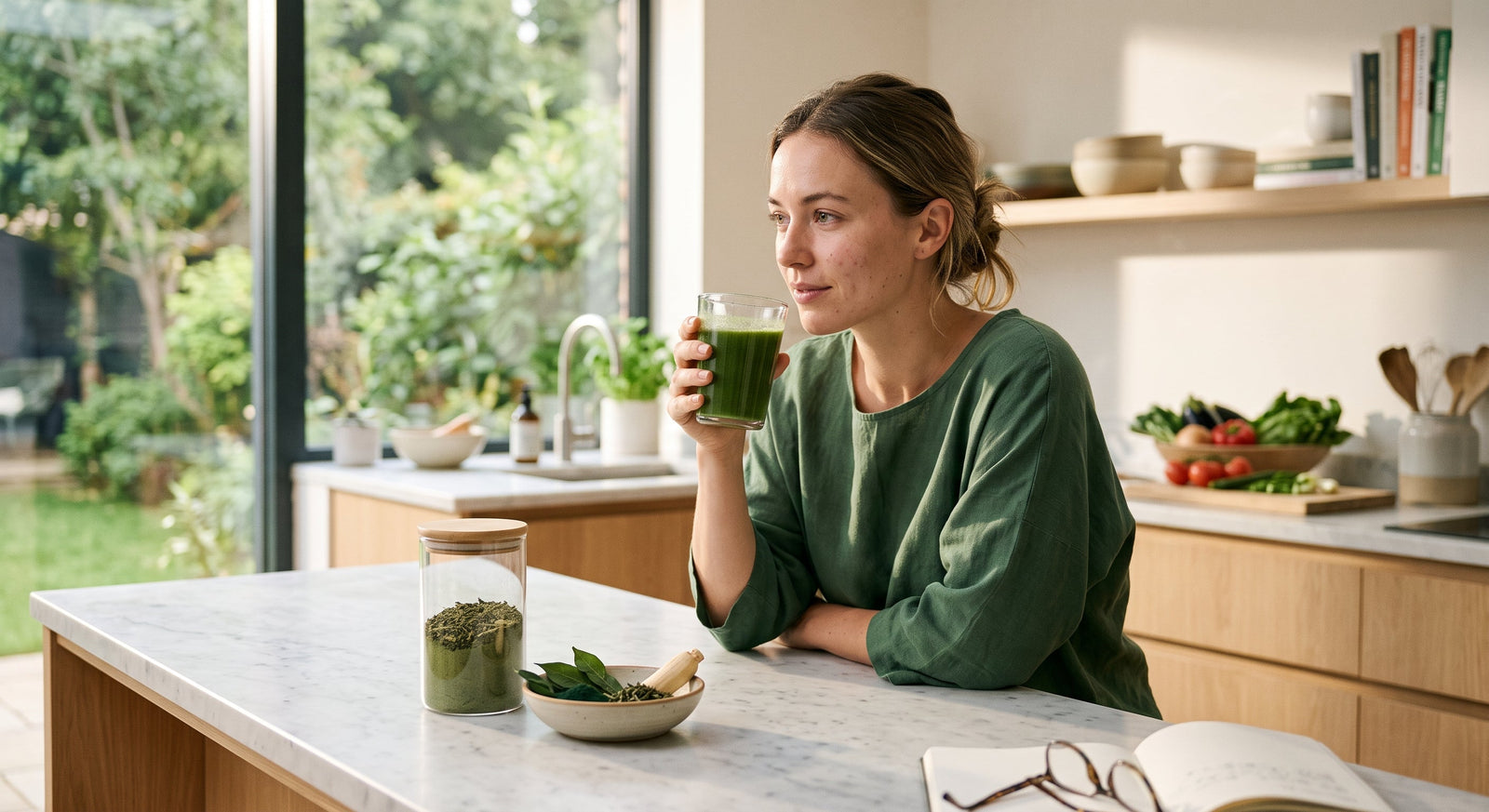 A woman in a green linen shirt sits in a bright, modern kitchen enjoying a glass of green superfood drink alongside fresh botanical ingredients.