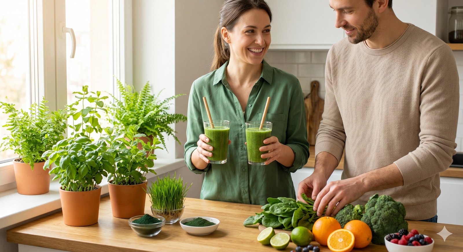 A smiling woman holds two glasses of green smoothie while a man prepares fresh produce on a wooden kitchen counter filled with broccoli, citrus fruits, berries, and potted herbs next to a bright window.
