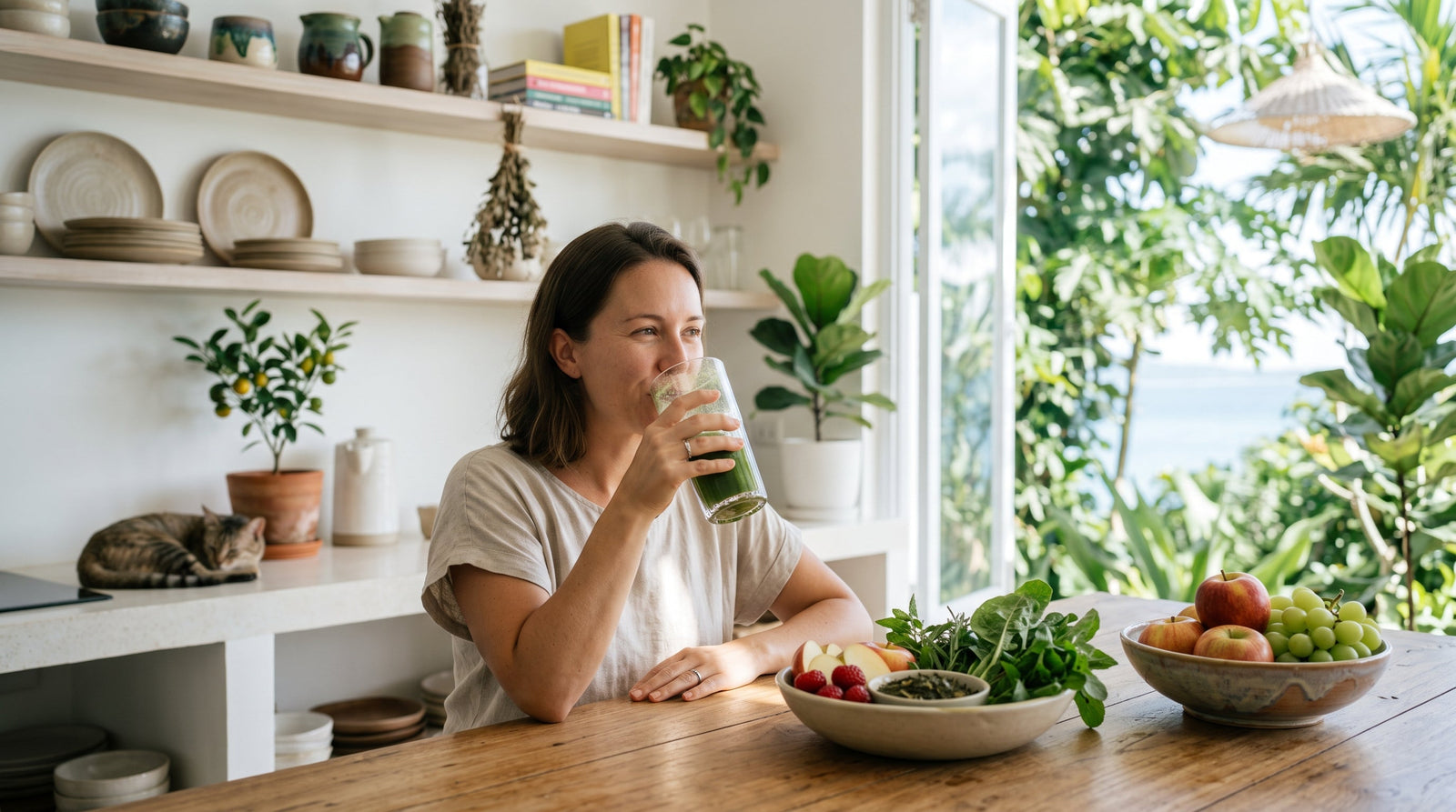 A woman sitting in a sunlit kitchen peacefully drinks a vibrant green superfood beverage alongside fresh apples and leafy botanicals.