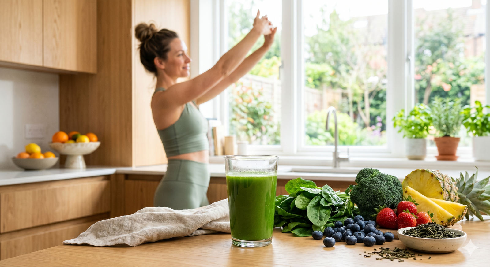 A bright kitchen scene features a glass of vibrant green juice alongside fresh spinach, broccoli, berries, and pineapple on the counter, while a person gently stretches by a sunlit window in the background
