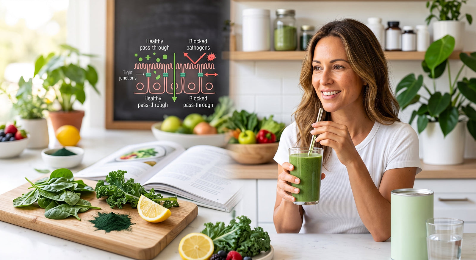 A woman in a bright kitchen enjoys a green drink next to fresh leafy greens, superfood powder, and a detailed diagram depicting how plant nutrition supports intestinal tight junction integrity.