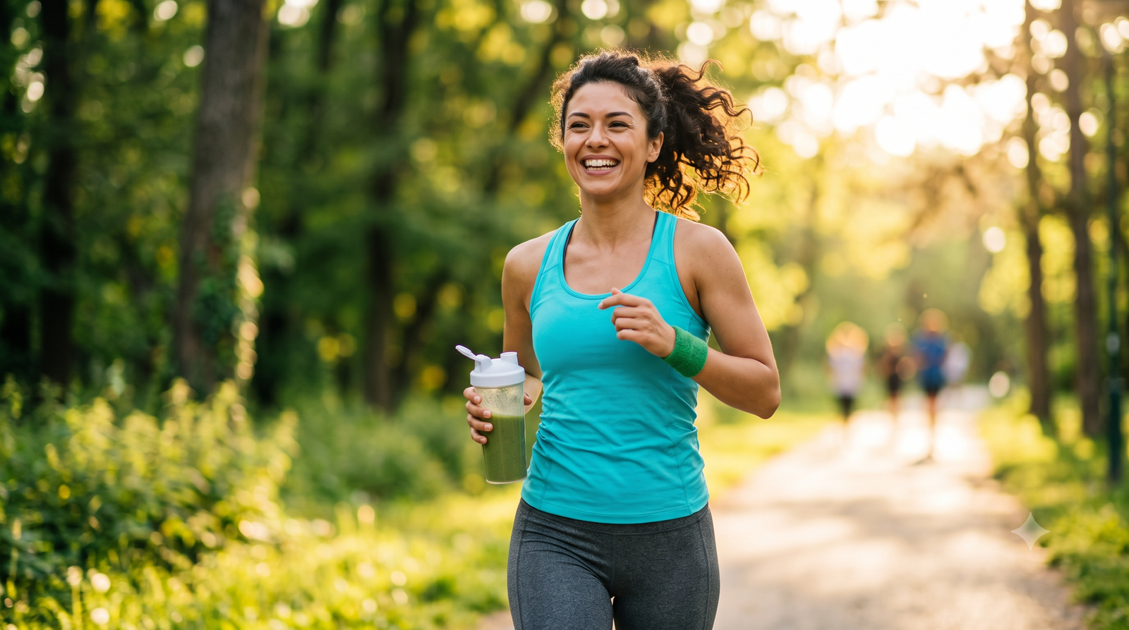 A smiling woman runs along a park path while holding a green drink.