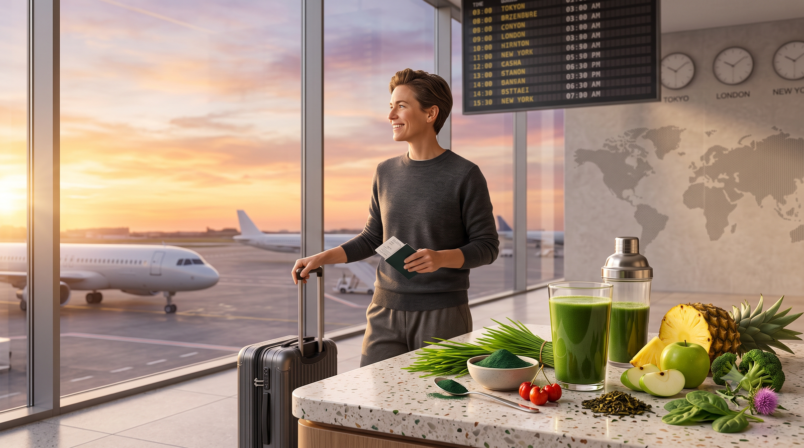 A traveler stands by an airport terminal window at sunrise next to a sleek suitcase, with a super greens drink, shaker bottle, and fresh ingredients like pineapple and broccoli.
