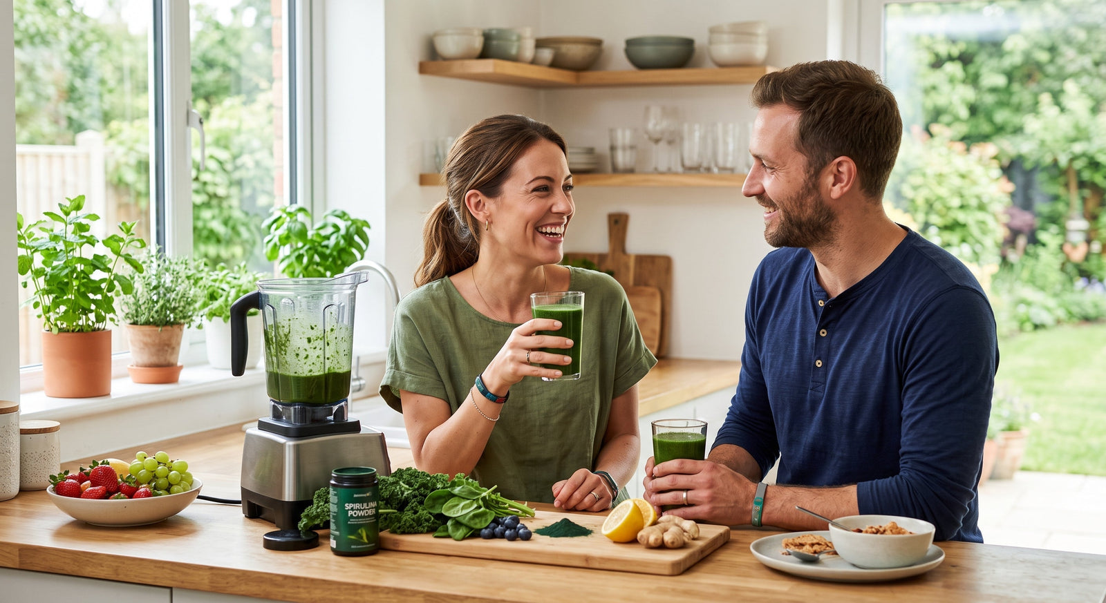 A smiling couple enjoys fresh green smoothies in a bright, modern kitchen surrounded by antioxidant-rich fruits, leafy greens, and spirulina powder on the counter.