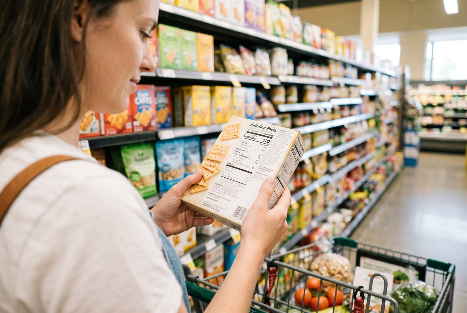 A shopper in a grocery store aisle holds a food box, examining the Nutrition Facts label on the back.