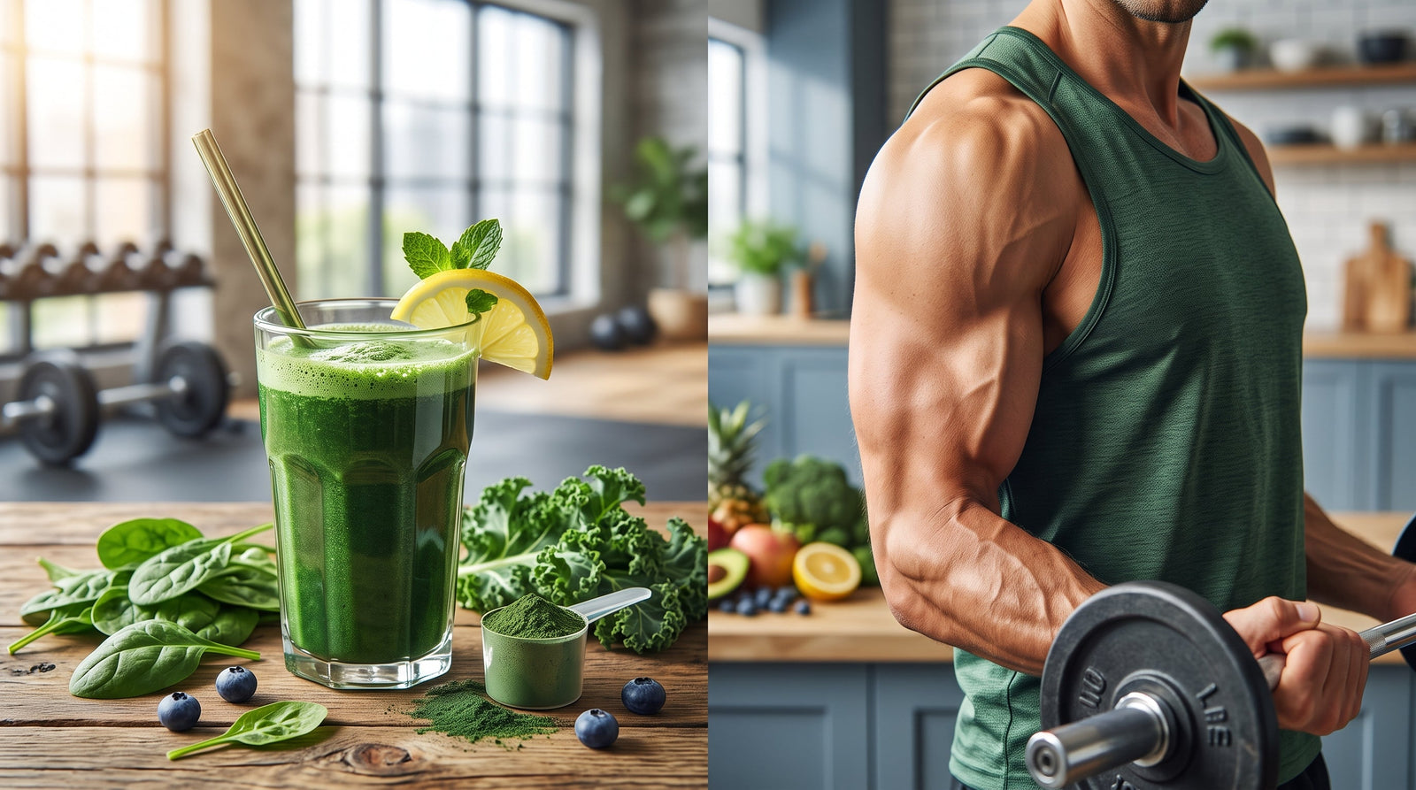 An athletic person holds a weight beside a tall glass of vibrant super greens drink surrounded by fresh ingredients like spinach, blueberries, and spirulina powder.