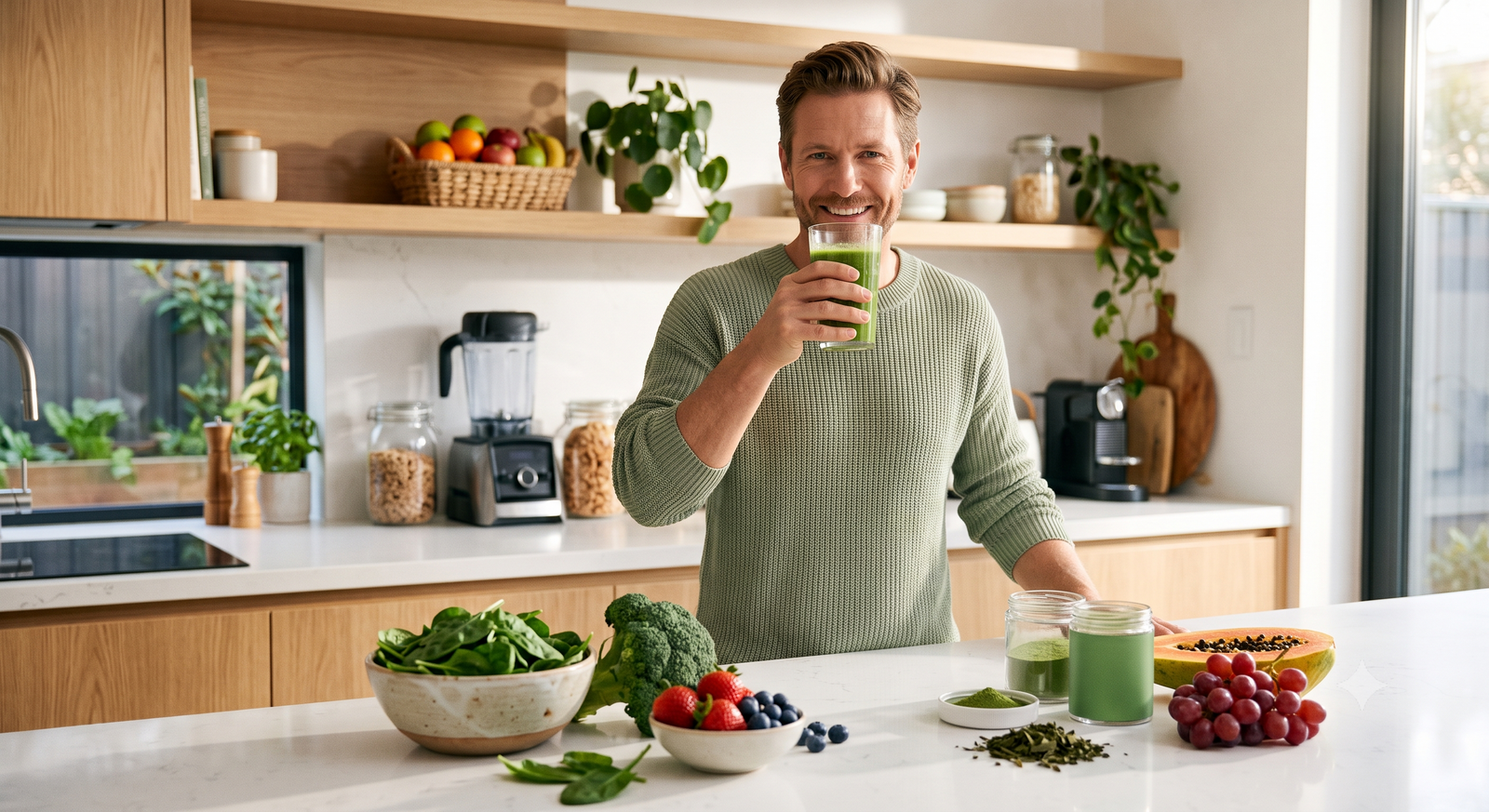 A smiling man in a sage green sweater stands in a bright, modern kitchen drinking a green smoothie, with fresh spinach, broccoli, berries, grapes, and green superfood powder cleanly arranged on the white countertop in front of him.