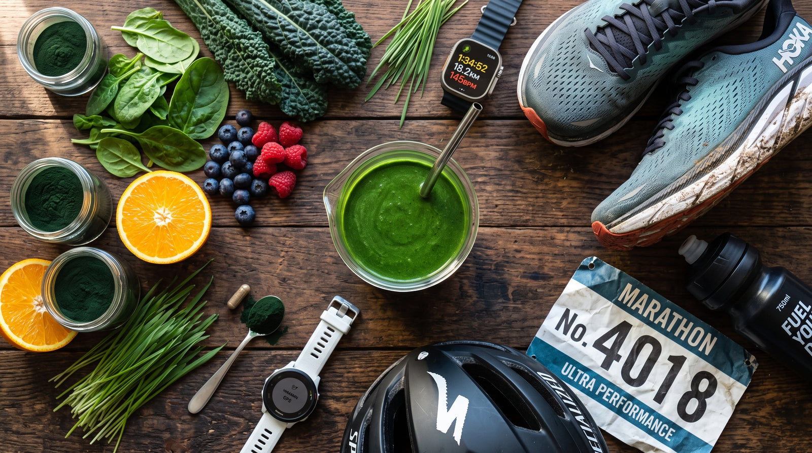 A top-down view of a wooden table covered with healthy food items and sports gear for a marathon runner.