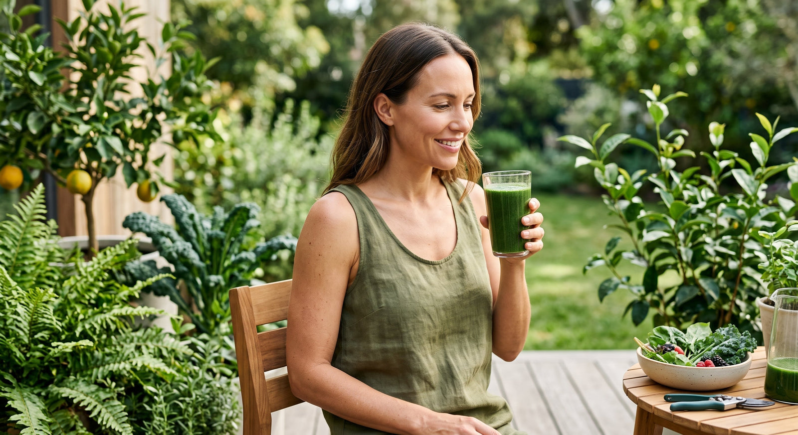 A woman sits on a sunlit patio holding a glass of green juice, surrounded by vibrant leafy plants and greenery.