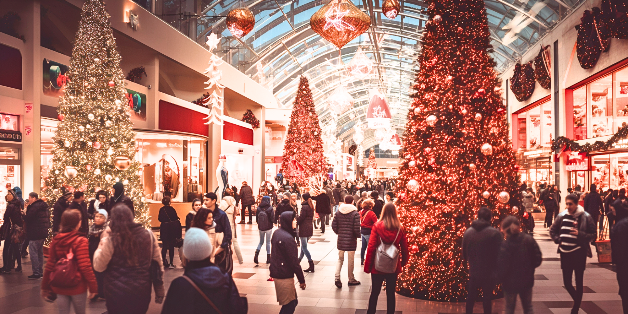 A scene at a bustling mall during the holiday season, capturing the energetic environment with people shopping amidst holiday-themed decorations.