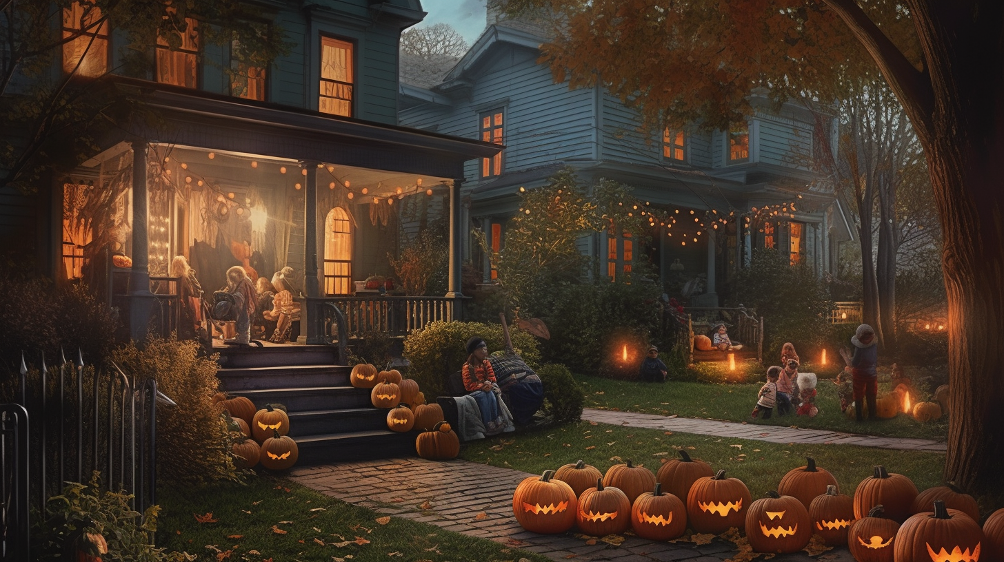 A festive Halloween scene with a carved pumpkin lantern glowing eerily, surrounded by colorful autumn leaves, and spooky decorations, setting the perfect Rewind Greens atmosphere for the holiday