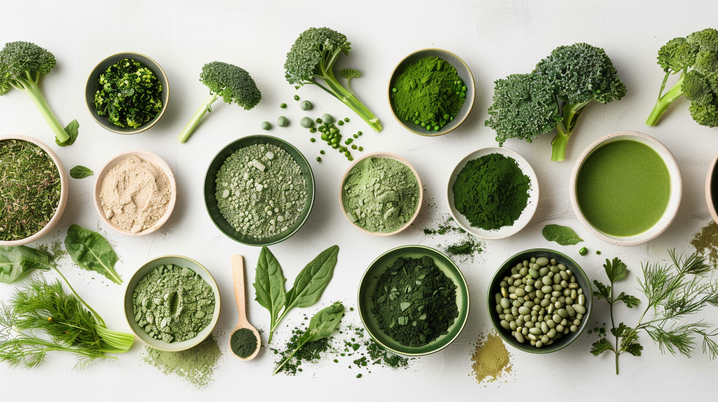 A vibrant assortment of nutrient-rich super greens ingredients and their finely ground powders elegantly arranged on the table