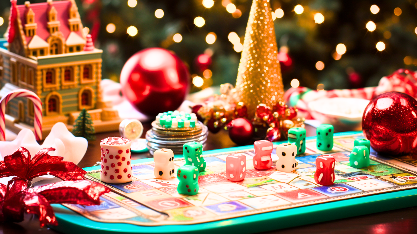 An exhibit featuring a traditional game board embellished with festive holiday decorations and ornaments.