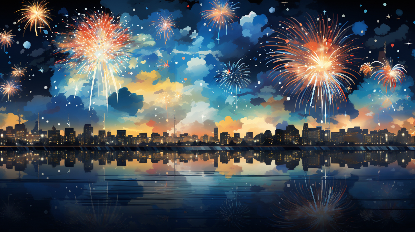 A spectacular fireworks display adorned the city skyline, painting the night with cascading lights that mirrored the urban silhouette below.